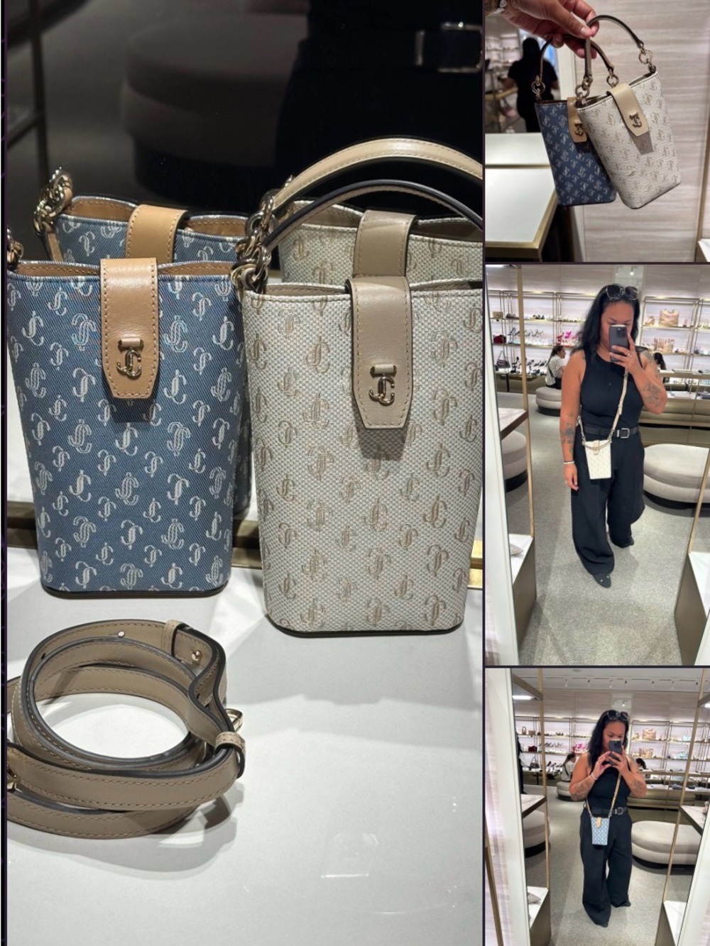 Jimmy Choo Monogram Bucket Crossbody in Beige or Denim Blue